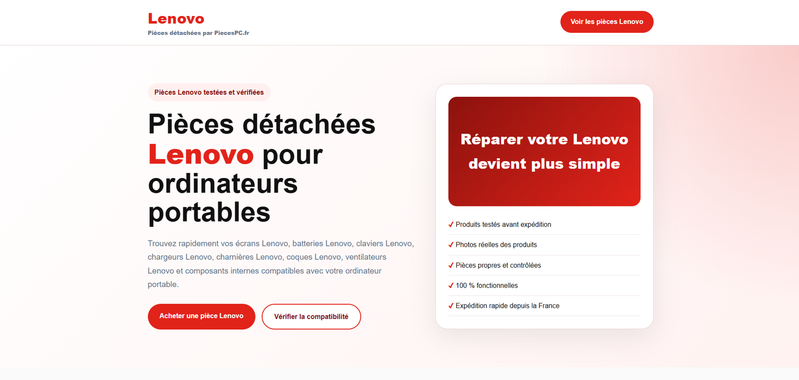 Aperçu du modèle Pièces détachées Lenovo