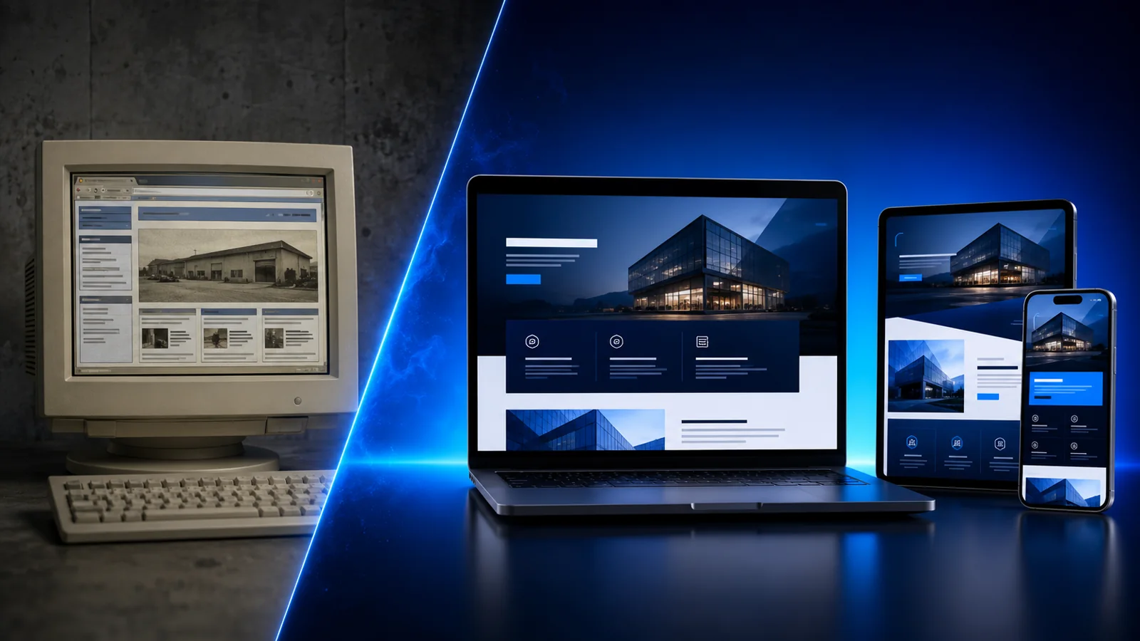 Comparaison entre un ancien site internet et sa refonte moderne sur ordinateur, tablette et smartphone
