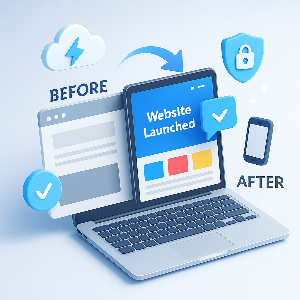 Illustration d’un site web avant et après refonte, symbolisant la création de sites modernes et performants.