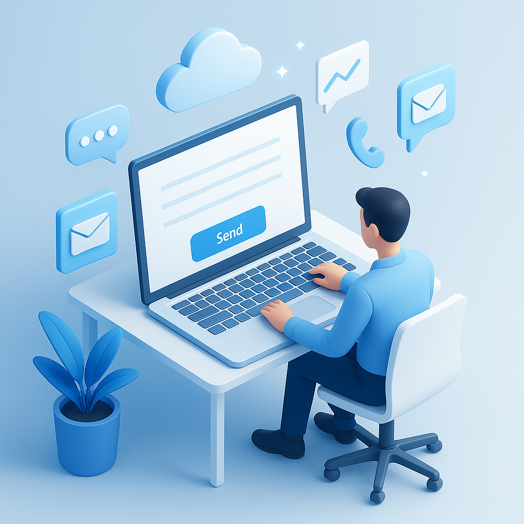 Illustration d’une personne remplissant un formulaire en ligne avec des icônes d’email et téléphone, style 3D bleu.