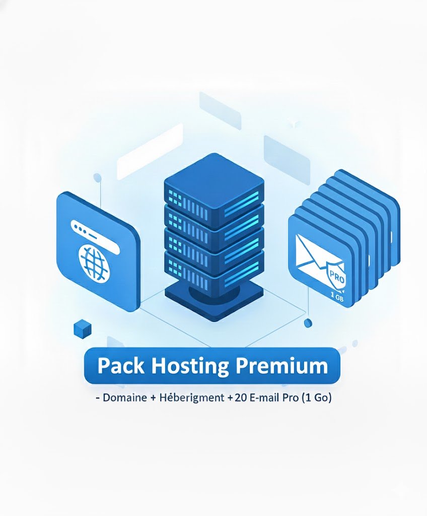 Pack Hosting Premium – Domaine + Hébergement + 20 E-mails Pro (1 Go)